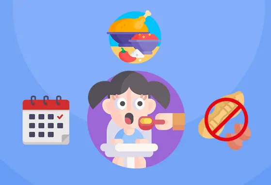 Complementary Feeding: Building the Foundation for Lifelong Health toddler surrounded with calendar, textured food, allergen containing food images